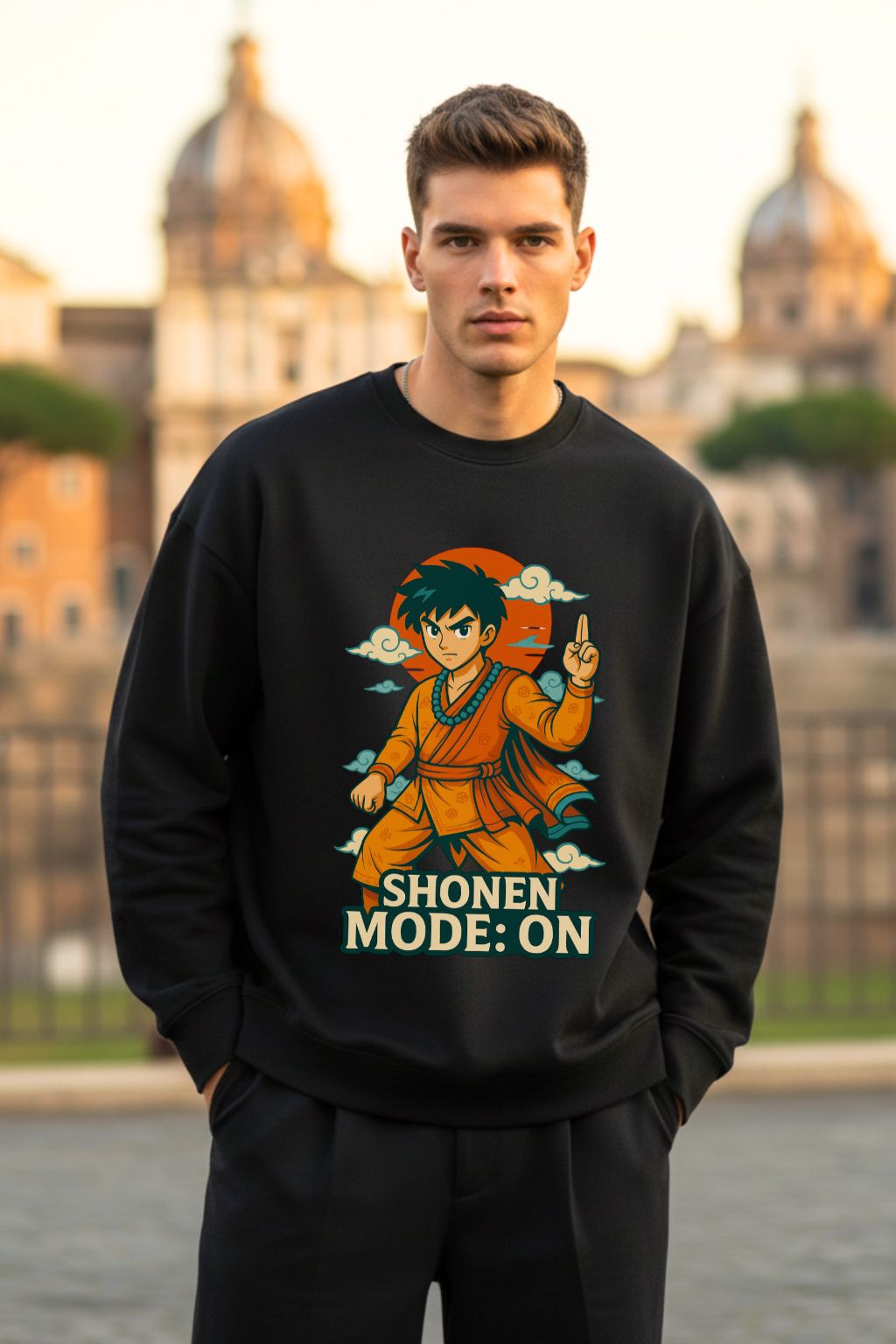 Man wearing a black oversized sweatshirt with an anime character graphic and 'Shonen Mode: On' text, standing in front of a cityscape.