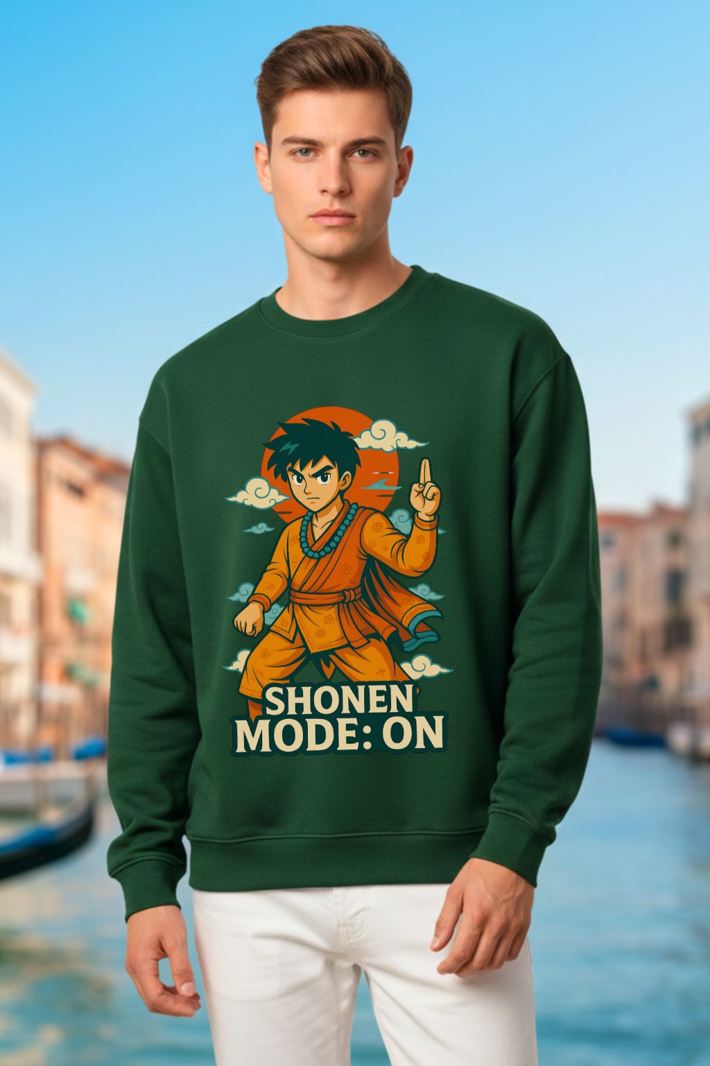 Man wearing a green oversized sweatshirt with a graphic design and text, standing in front of a canal.