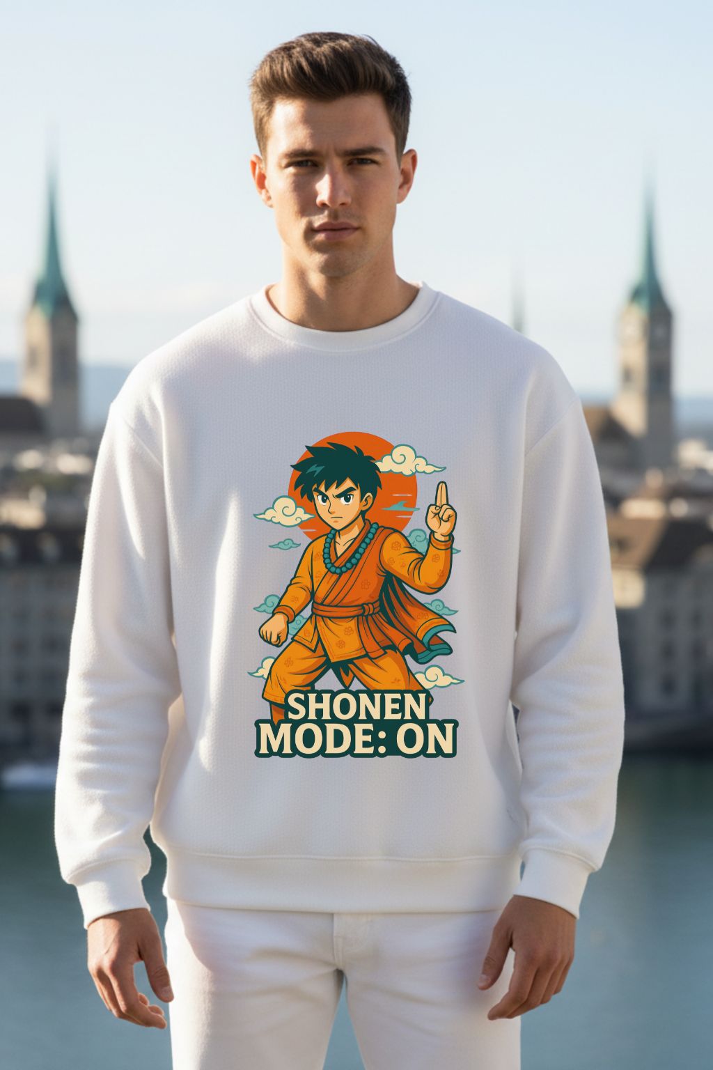 Man wearing a white oversized sweatshirt with a graphic design and text 'Shonen Mode: On' against a blurred cityscape background.