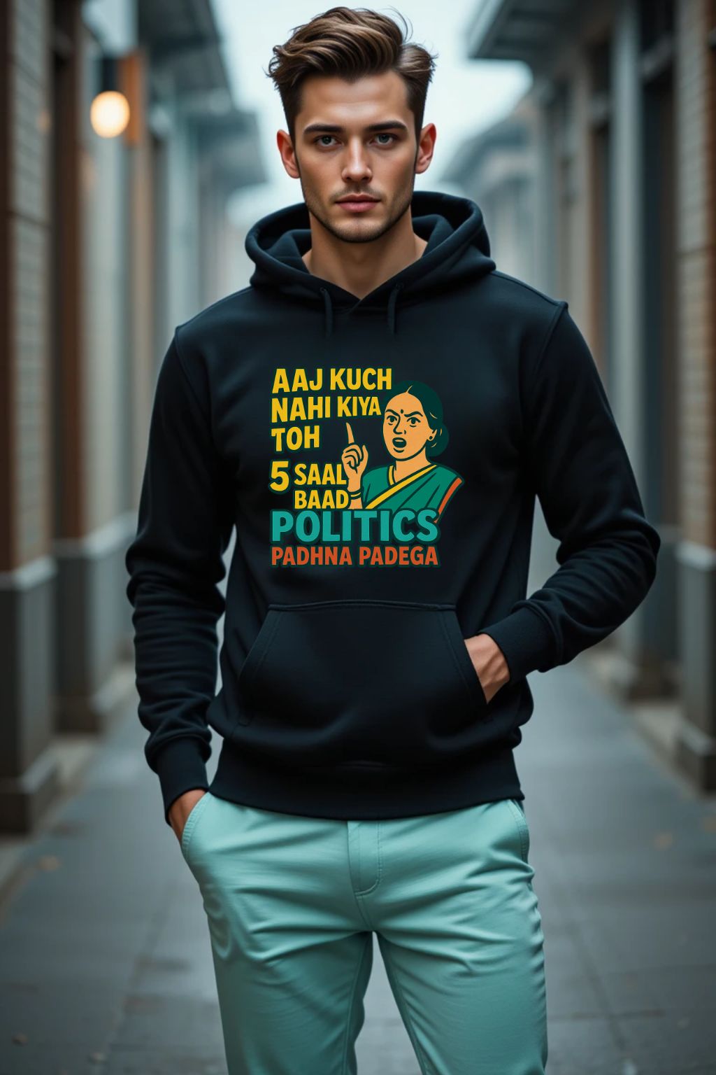 Man wearing a hoodie with a humorous political message on a city street.
