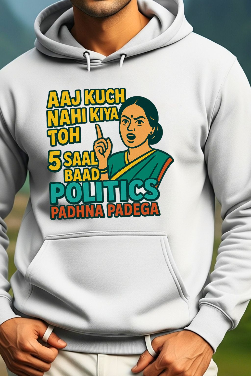 White hoodie with a graphic of a woman in a sari and text, worn by a person.