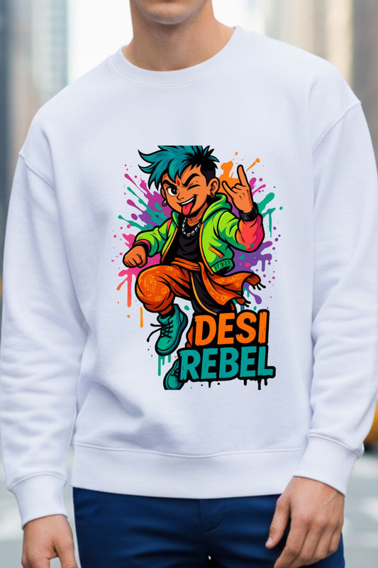 White sweatshirt with colorful graphic and 'Desi Rebel' text worn by a person.