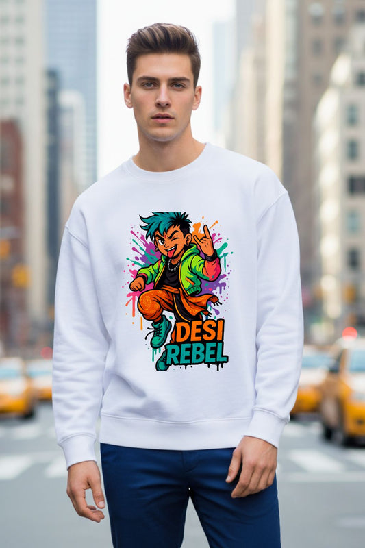 Men wearing a white sweatshirt with a colorful graphic design of "Desi Rebel" in an urban setting