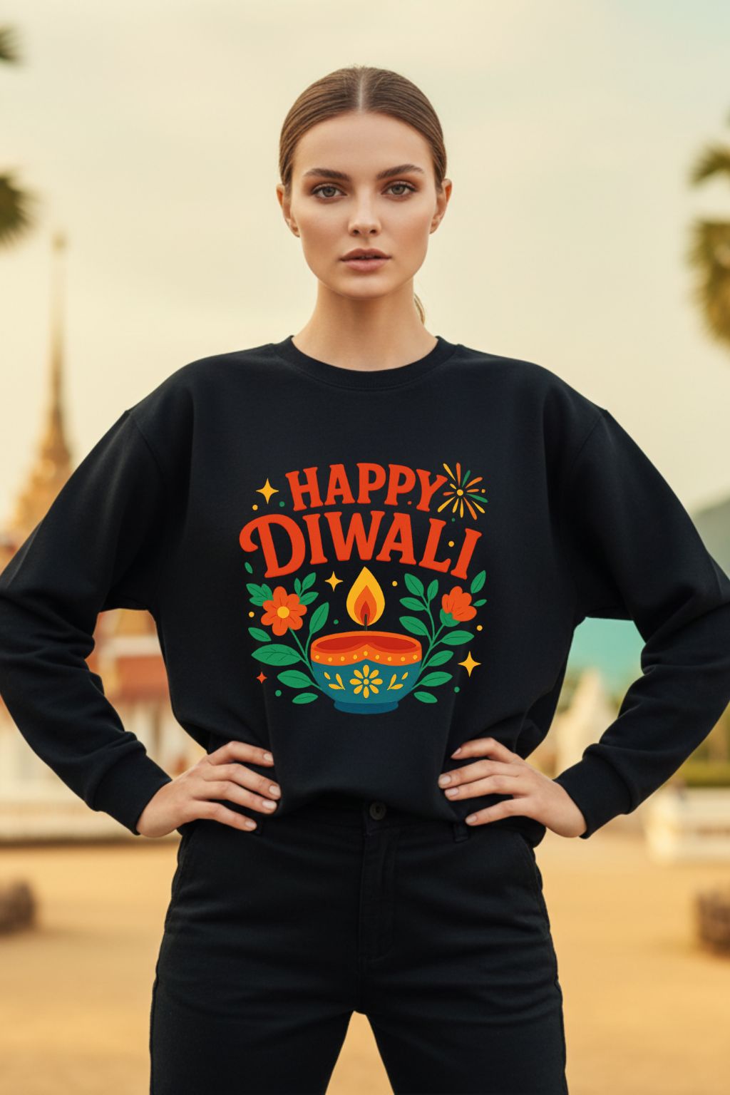 Woman wearing a black sweatshirt with 'Happy Diwali' design outdoors.