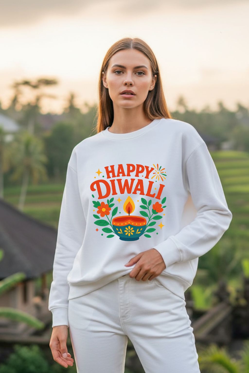 Woman wearing a white sweatshirt with 'Happy Diwali' design outdoors.