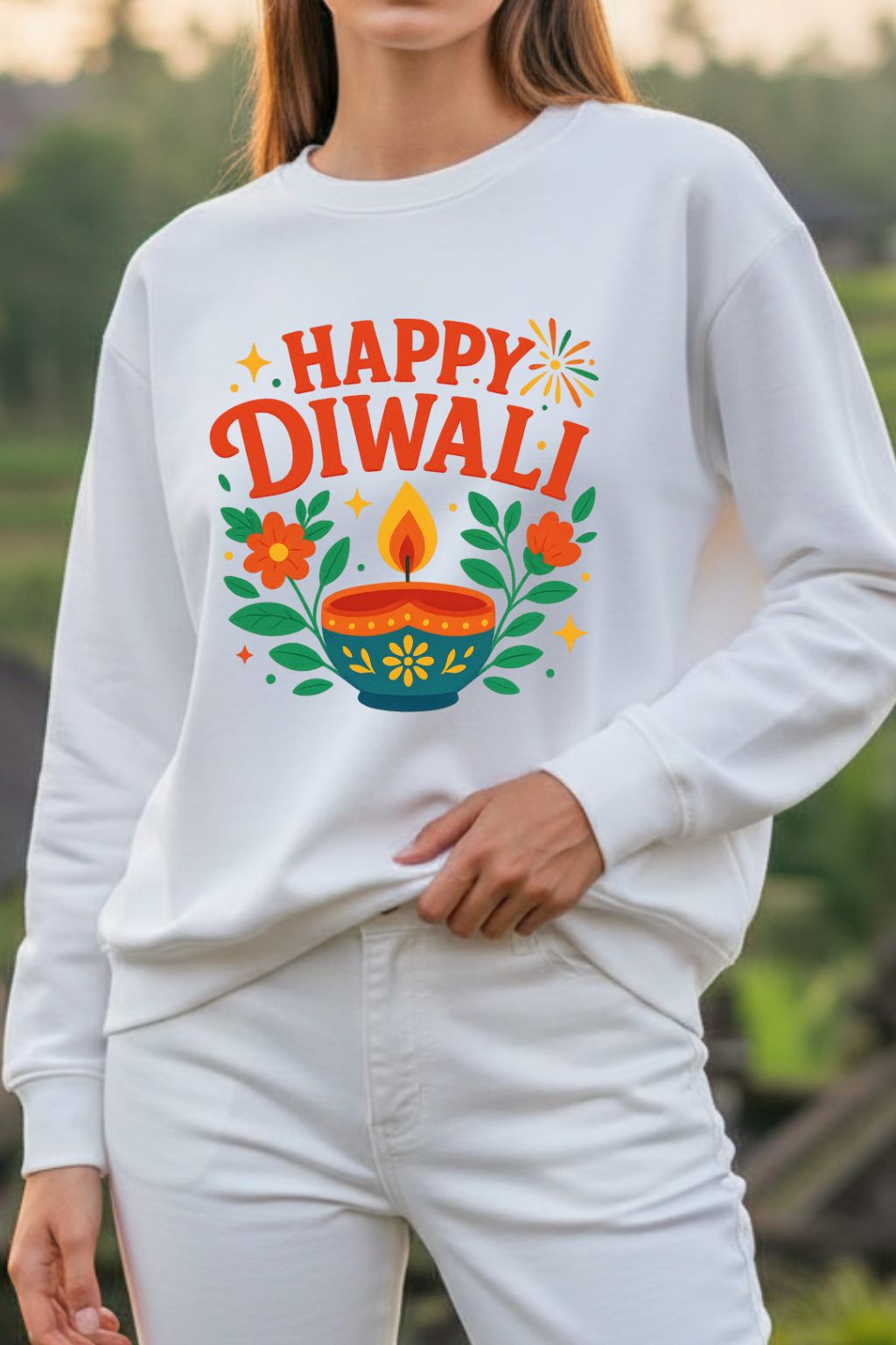 Close up of a woman wearing a white sweatshirt with 'Happy Diwali' design outdoors.