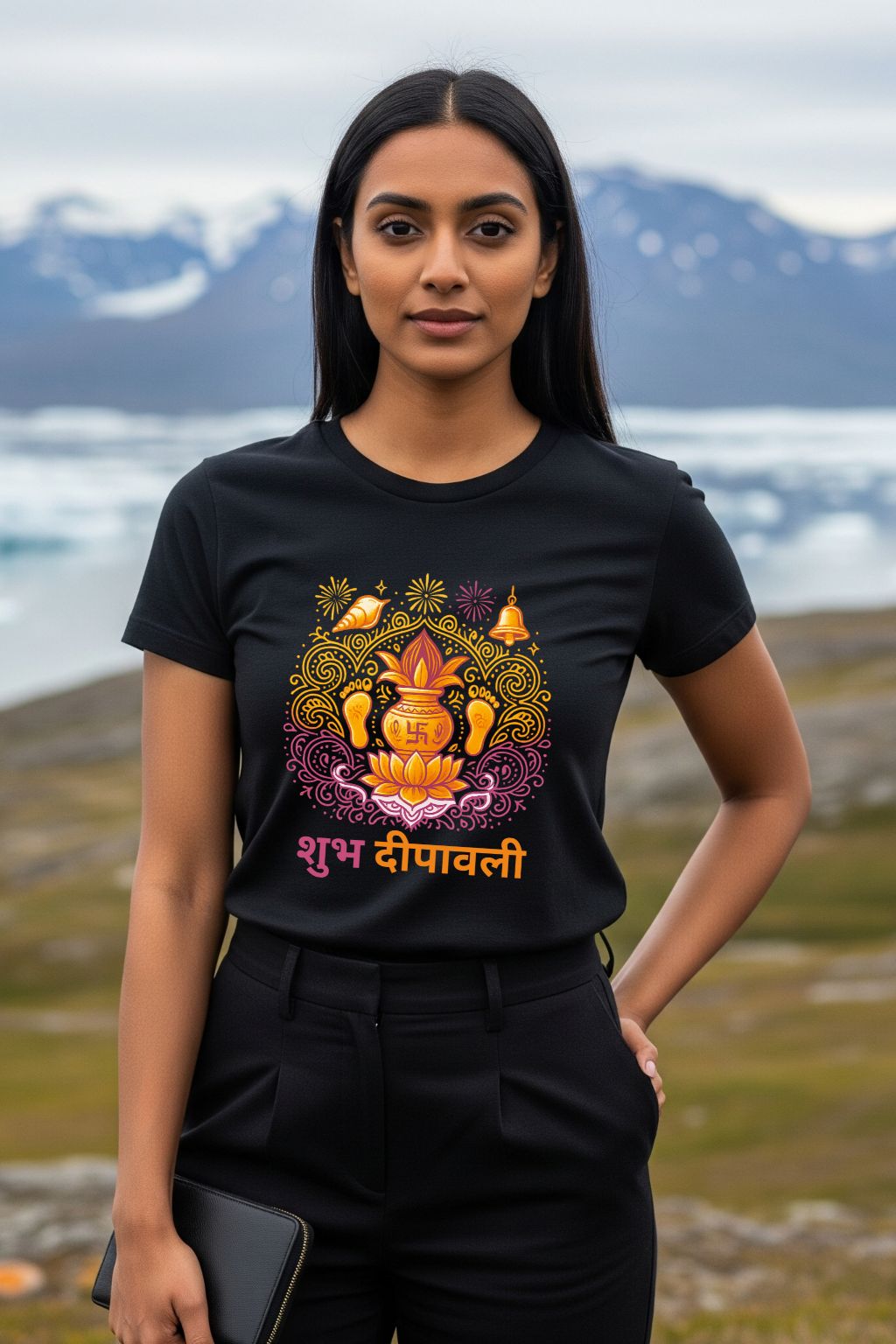 Black t-shirt for women, featuring a beautiful golden Divine Kalash and "Shubh Deepavali" text. Perfect festive wear for celebrating Diwali.