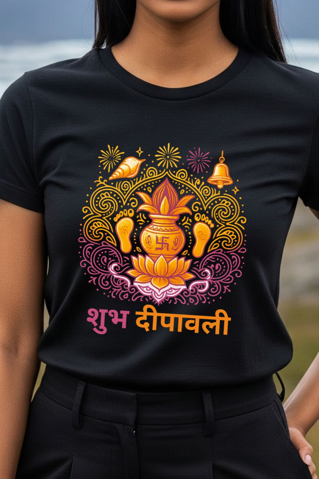 Close-up of the 'Shubh Deepavali' graphic on a black t-shirt, showcasing the intricate golden Divine Kalash and floral design.