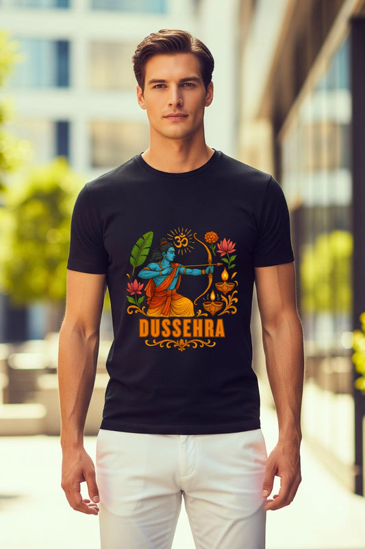 Dussehra festival t-shirt featuring Lord Rama, ideal for Hindu festivities. Black, unisex t-shirt with a colorful, detailed graphic design.