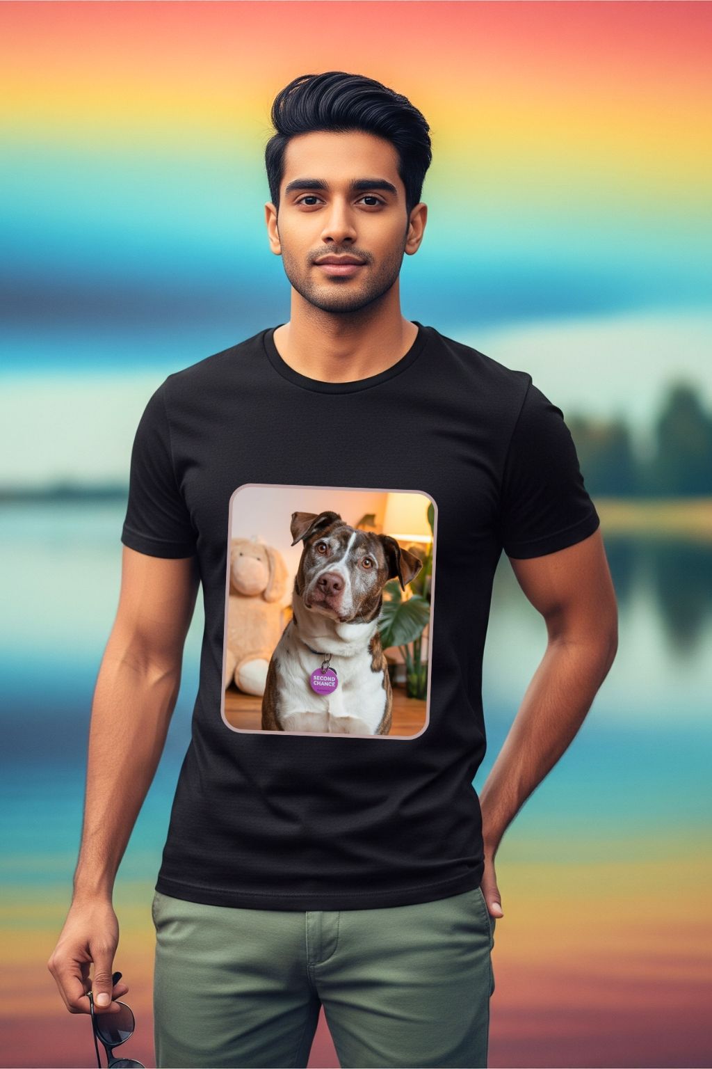 Man modeling ZUPPI's "Every Rescue Deserves a Second Chance" black t-shirt, which features a dog graphic, on a blurred background