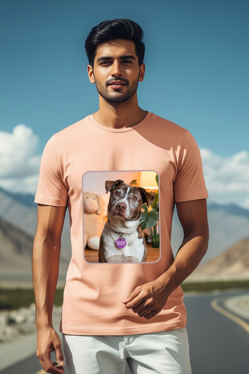 Man modeling ZUPPI's "Every Rescue Deserves a Second Chance" peach t-shirt, which features a dog graphic, on a blurred background
