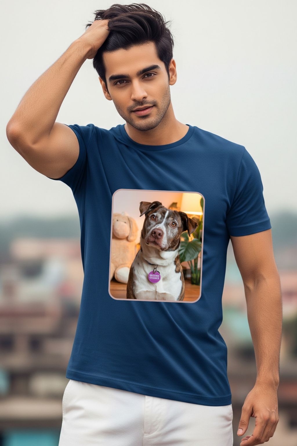 Man modeling ZUPPI's "Every Rescue Deserves a Second Chance" royal blue t-shirt, featuring a graphic of a dog, on a blurred background