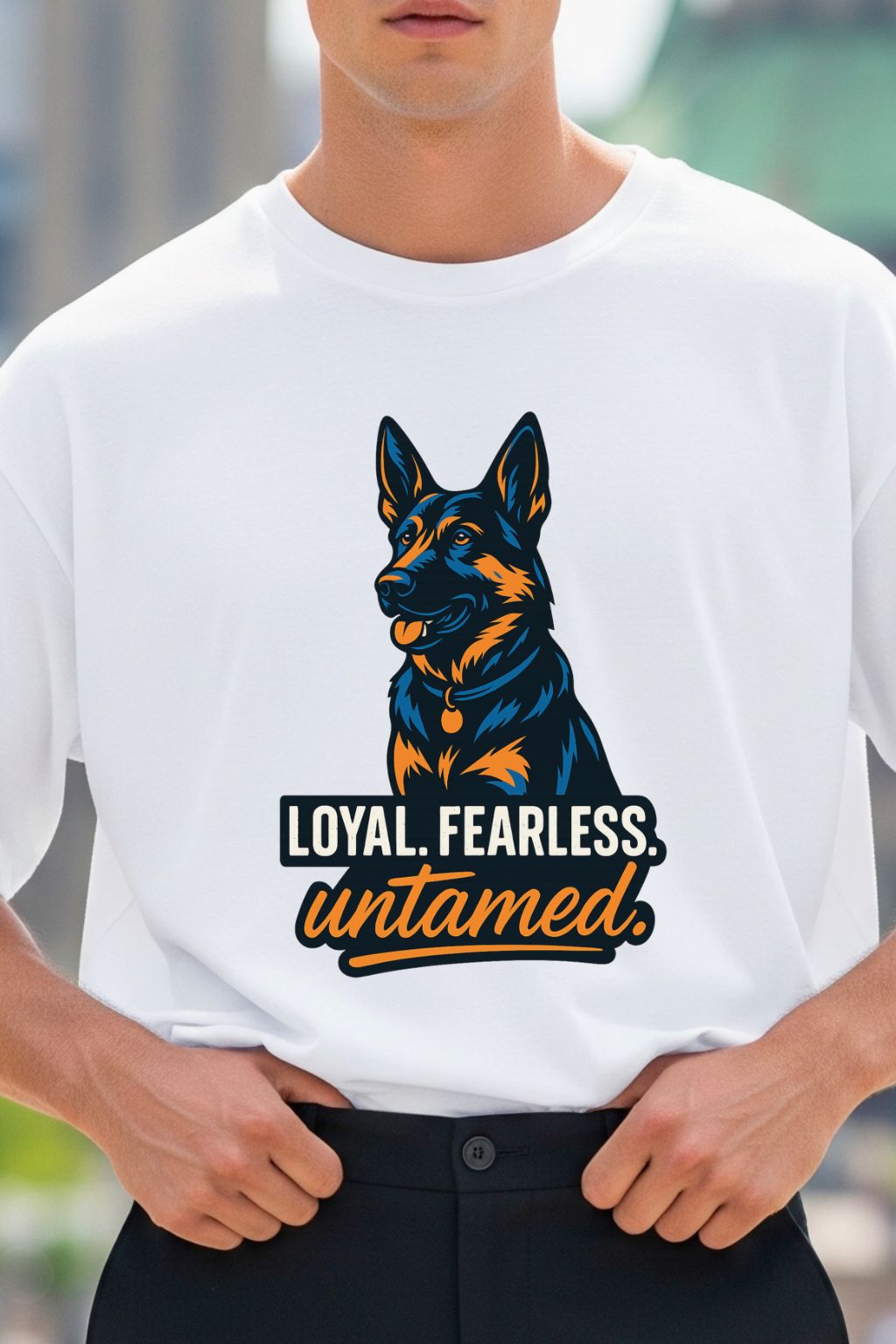 Man wearing a white t-shirt with a dog graphic and text 'Loyal. Fearless. Untamed.'