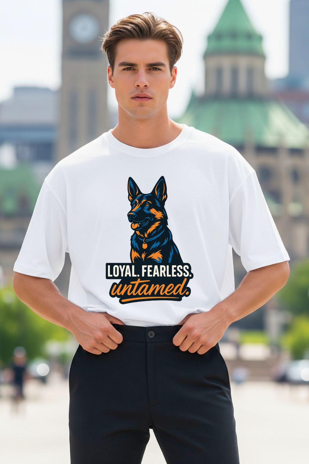 Man wearing a white t-shirt with a dog graphic and text in an urban setting