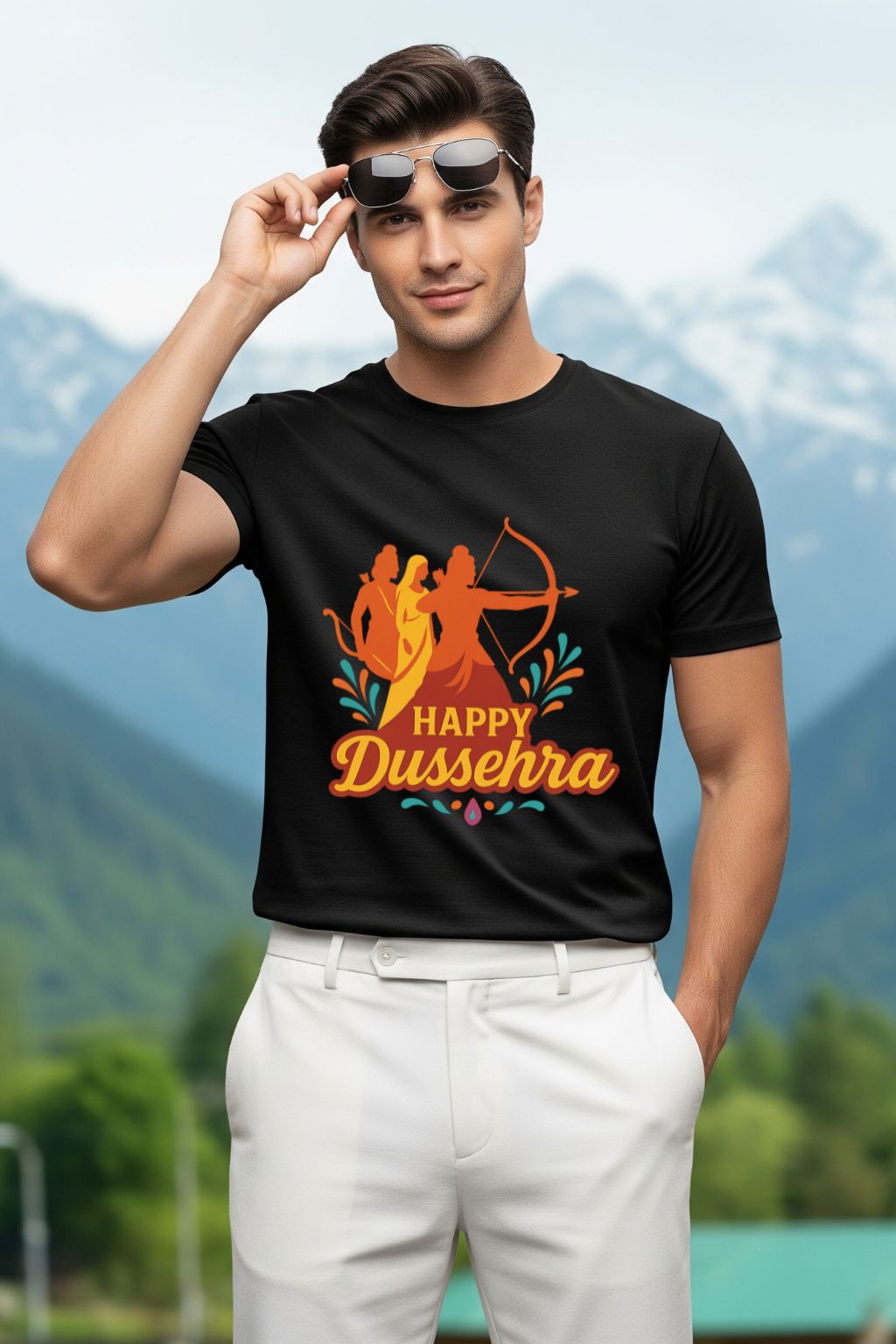 Man wearing a black t-shirt with 'Happy Dussehra' design against a mountainous background