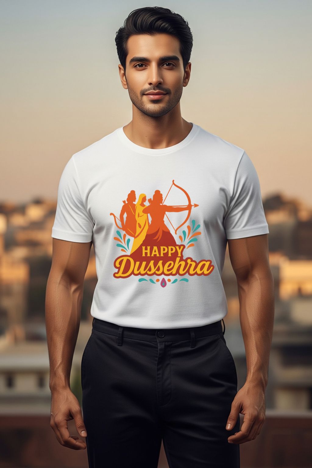Man wearing a white t-shirt with 'Happy Dussehra' design against a blurred outdoor background