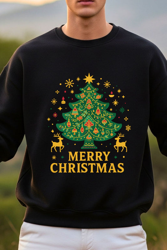 Black sweatshirt with Christmas tree and reindeer design, featuring 'Merry Christmas' text.