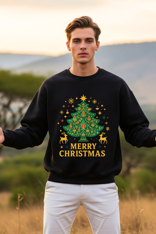 Man wearing a black Christmas-themed sweatshirt with a tree and reindeer design outdoors.