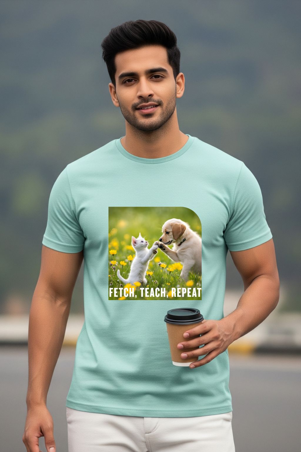 ZUPPI's "Fetch, Teach, Repeat" mint green t-shirt, featuring a graphic of a dog and a cat, worn by a man holding a coffee cup.