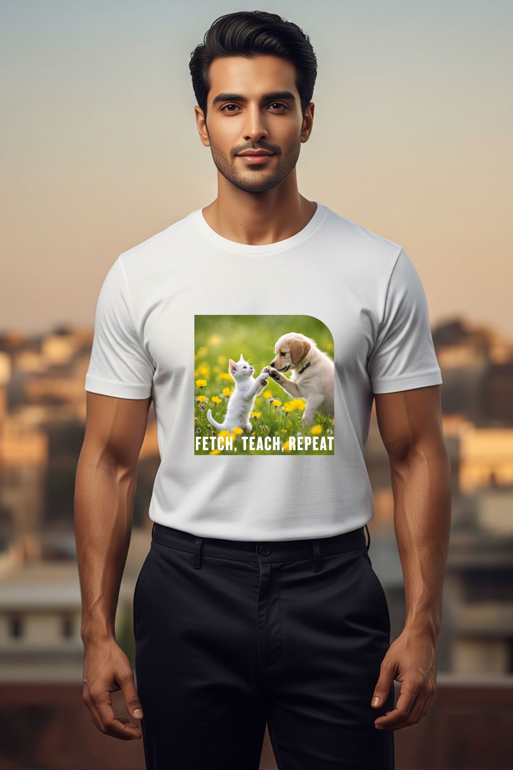 ZUPPI's "Fetch, Teach, Repeat" white t-shirt, featuring a graphic of a dog and a cat, worn by a man.