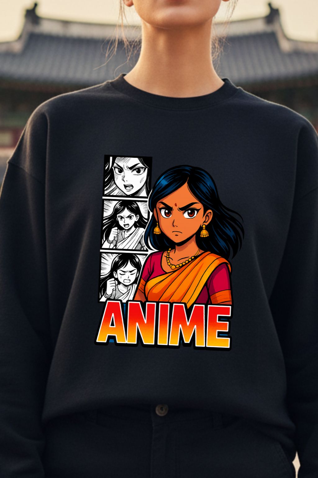 Woman wearing a black sweatshirt with an anime-themed design featuring a character in a sari and the word 'Anime'.