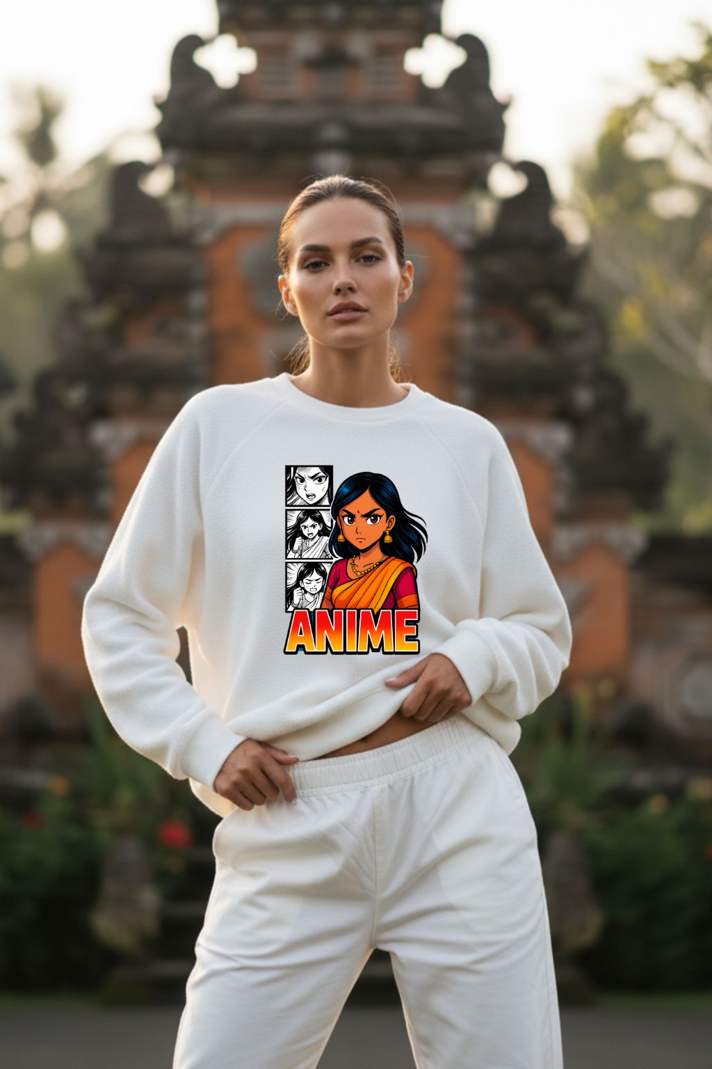Woman wearing a white sweatshirt with an anime design in front of a traditional building.