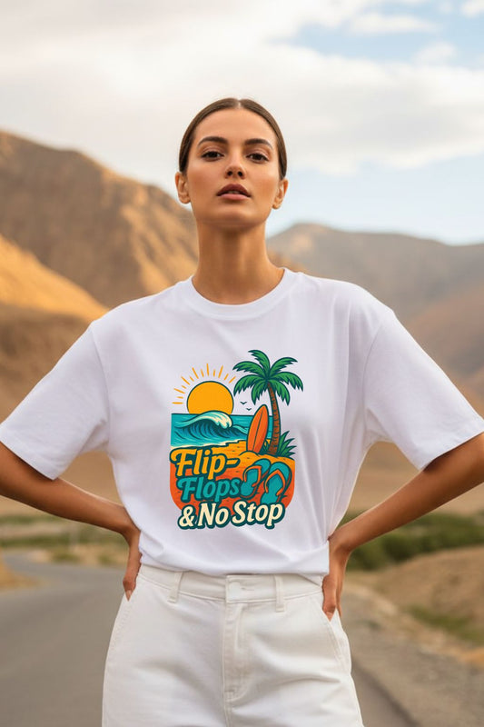 Woman wearing a white t-shirt with a colorful graphic design in a desert setting