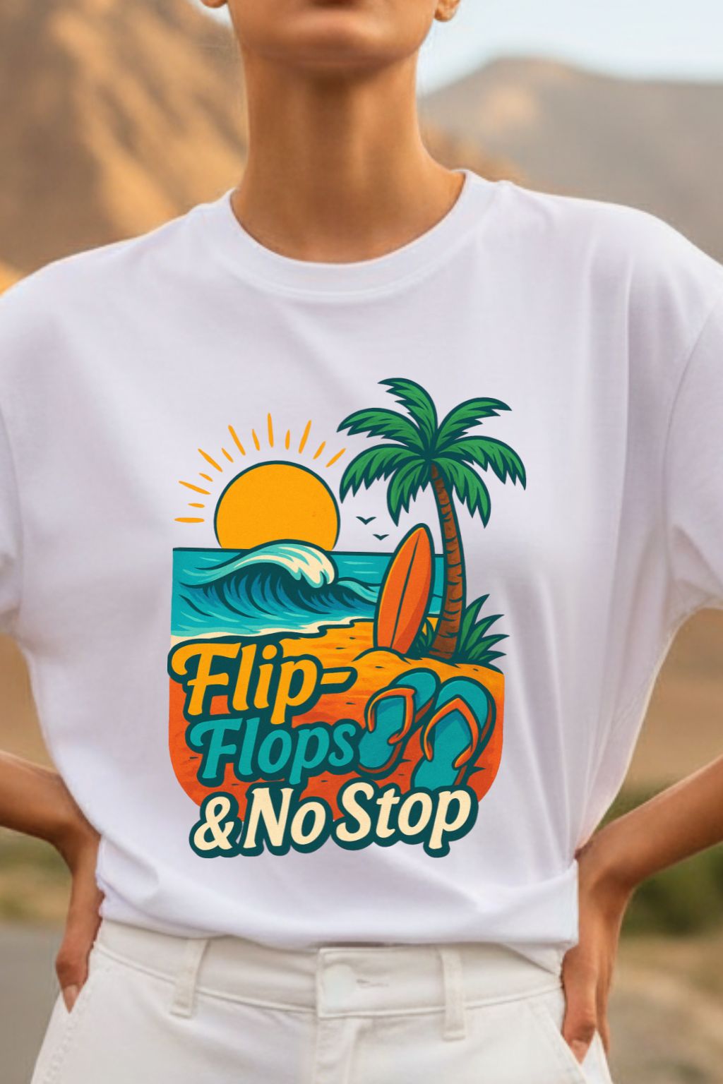 Close up of a woman wearing a white t-shirt with a tropical graphic design of "Flip flops and no stops".