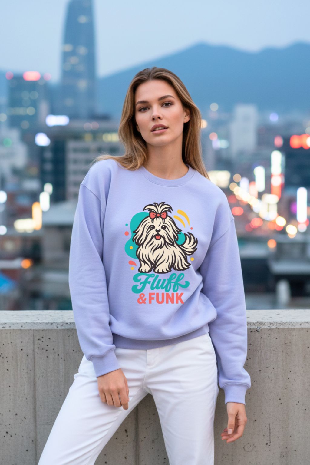 Woman wearing a lavendar oversized  sweatshirt with a dog graphic and text, standing against a cityscape background.