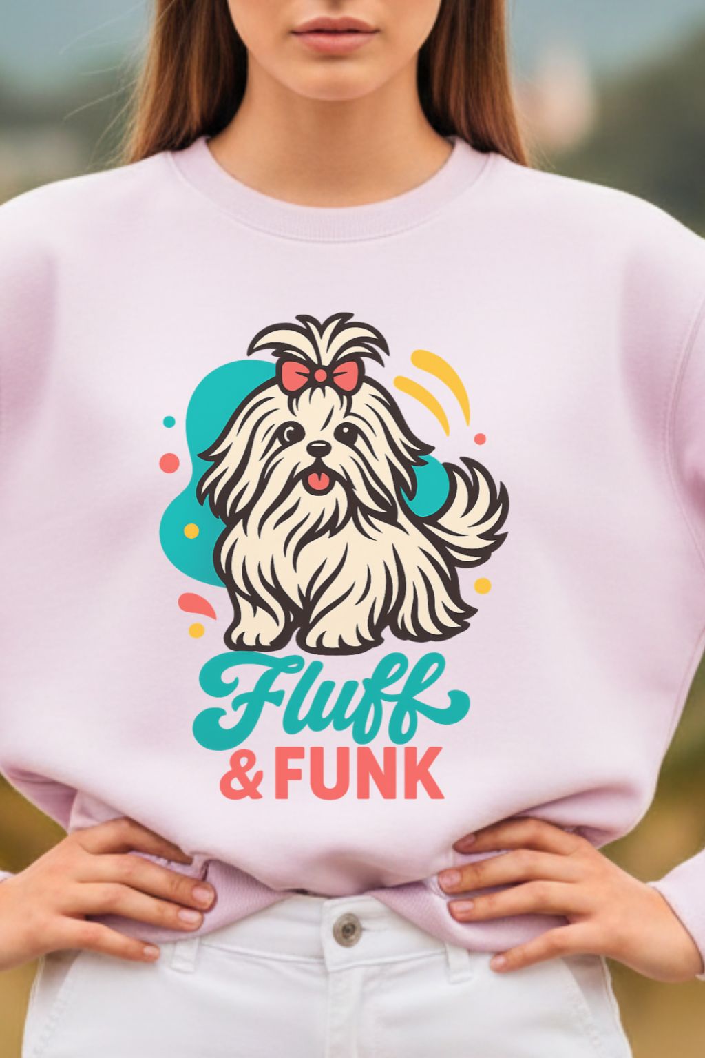 close up of a woman wearing a light baby pink oversized sweatshirt with a dog graphic and 'Fluff & Funk' text.