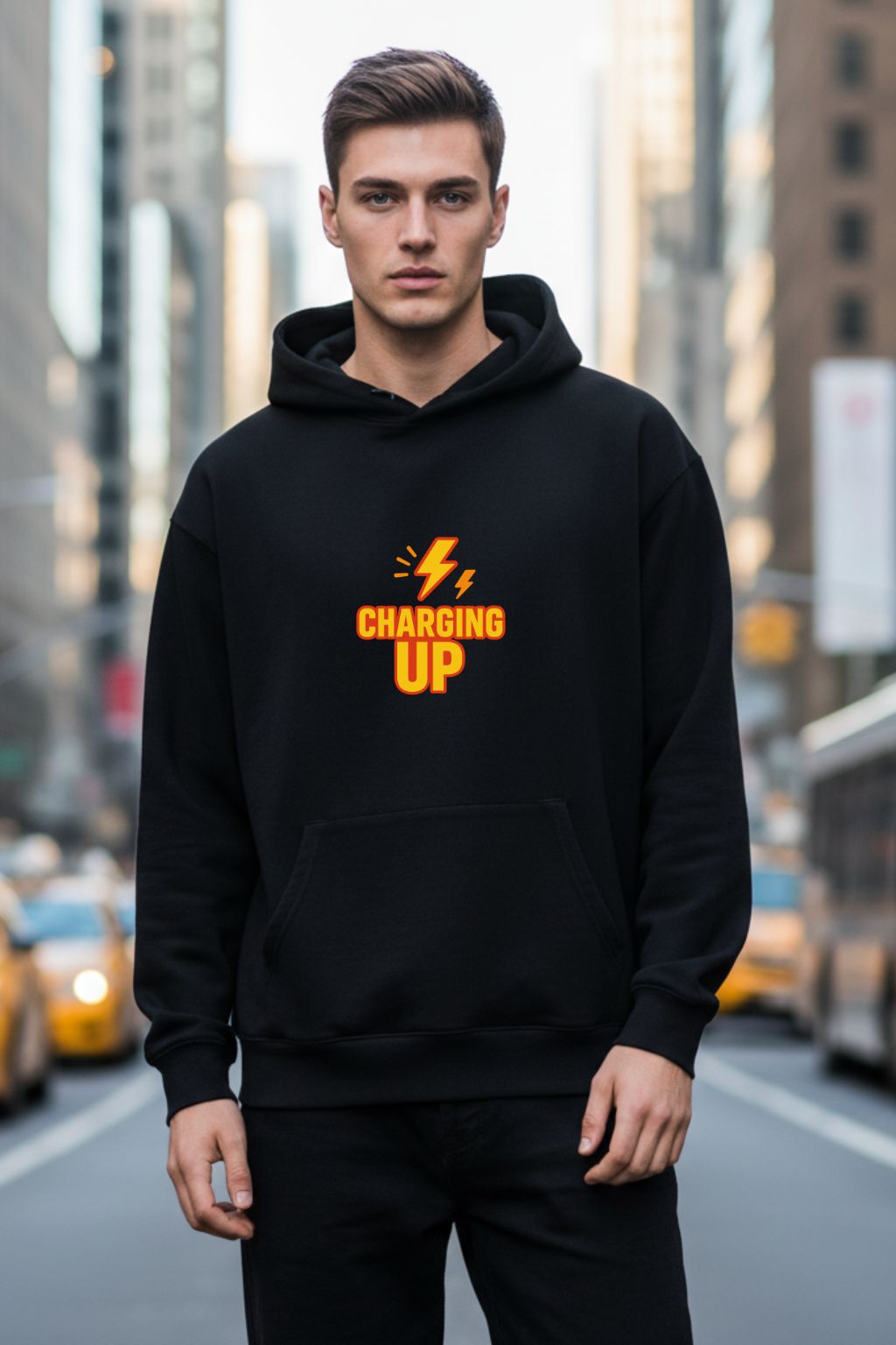 Man wearing a black hoodie with 'Charging Up' text and yellow lightning bolt graphic on a city street.