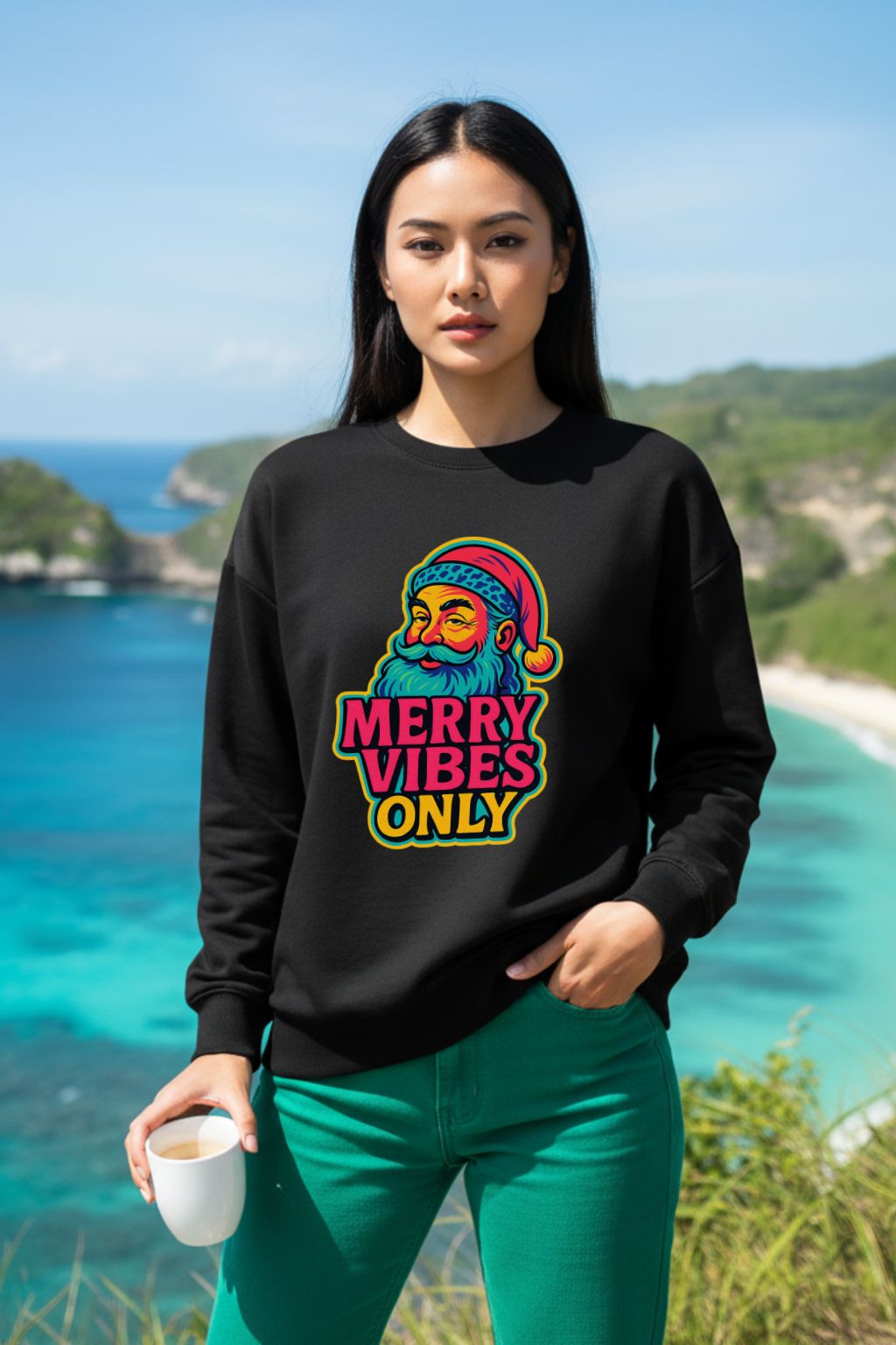 Woman wearing a black oversized sweatshirt with colorful graphic design in a scenic outdoor setting