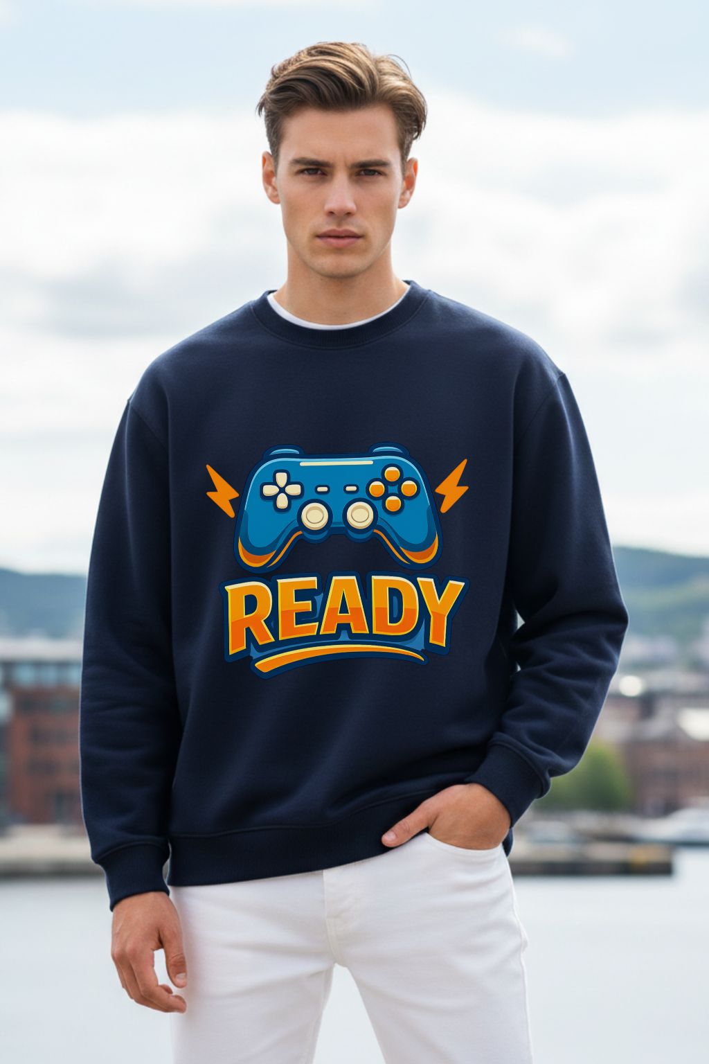 front view of man wearing a navy blue oversized sweatshirt with a gaming controller graphic and 'READY' text, standing outdoors.