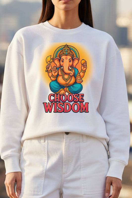 Close up of a woman wearing a white sweatshirt with a colorful graphic of Lord Ganesha and 'CHOOSE WISDOM' text