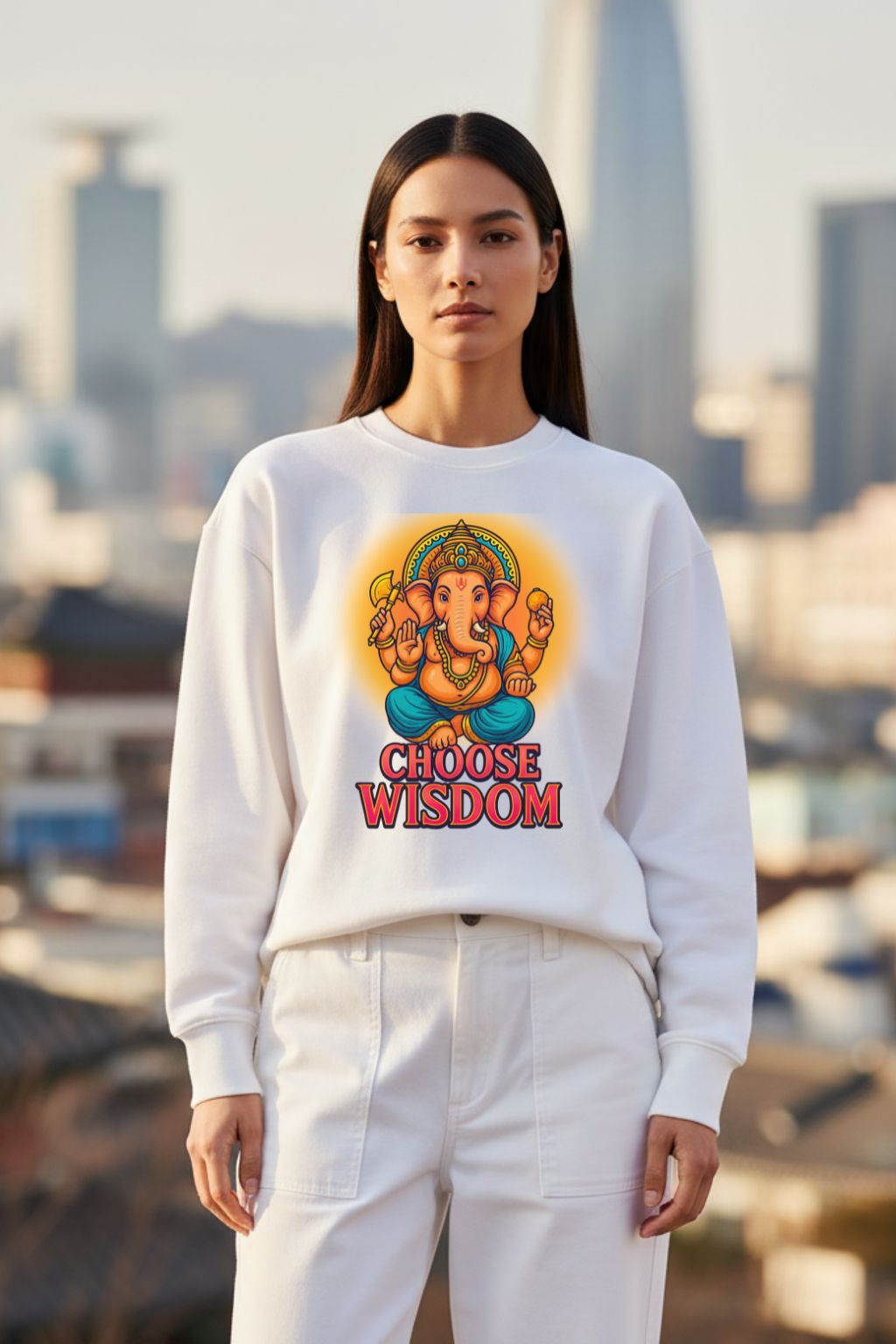 Woman wearing a white sweatshirt with a colorful graphic of Lord Ganesha and text 'Choose Wisdom' against a cityscape background.
