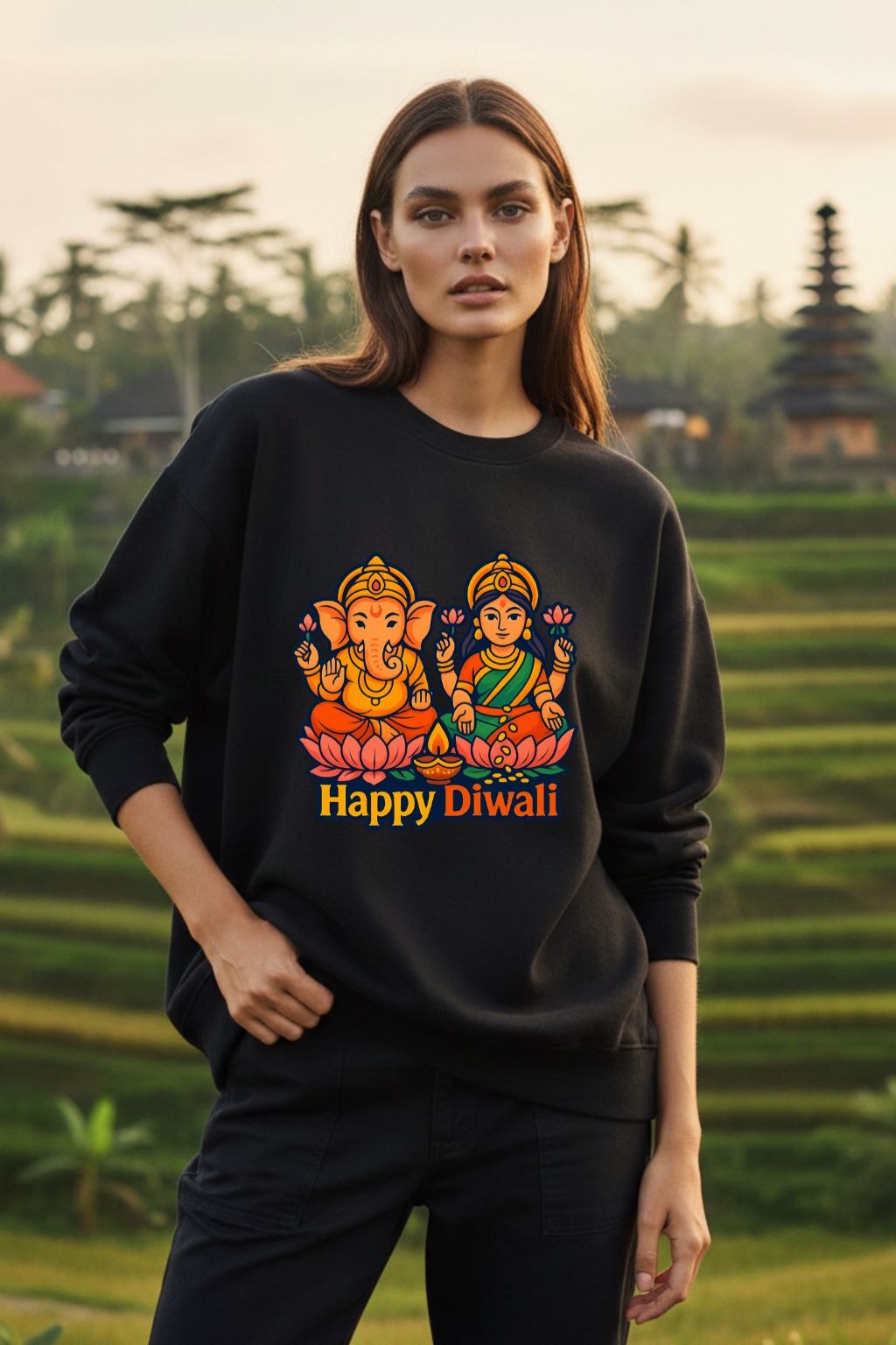 Woman wearing a black sweatshirt with 'Happy Diwali' design in a scenic outdoor setting.
