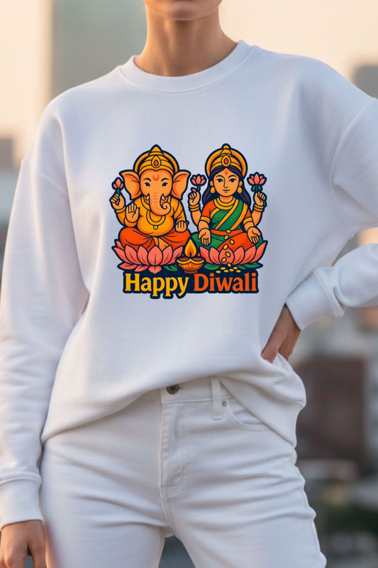 Woman wearing a white sweatshirt with 'Happy Diwali' design featuring Ganesha and Lakshmi.