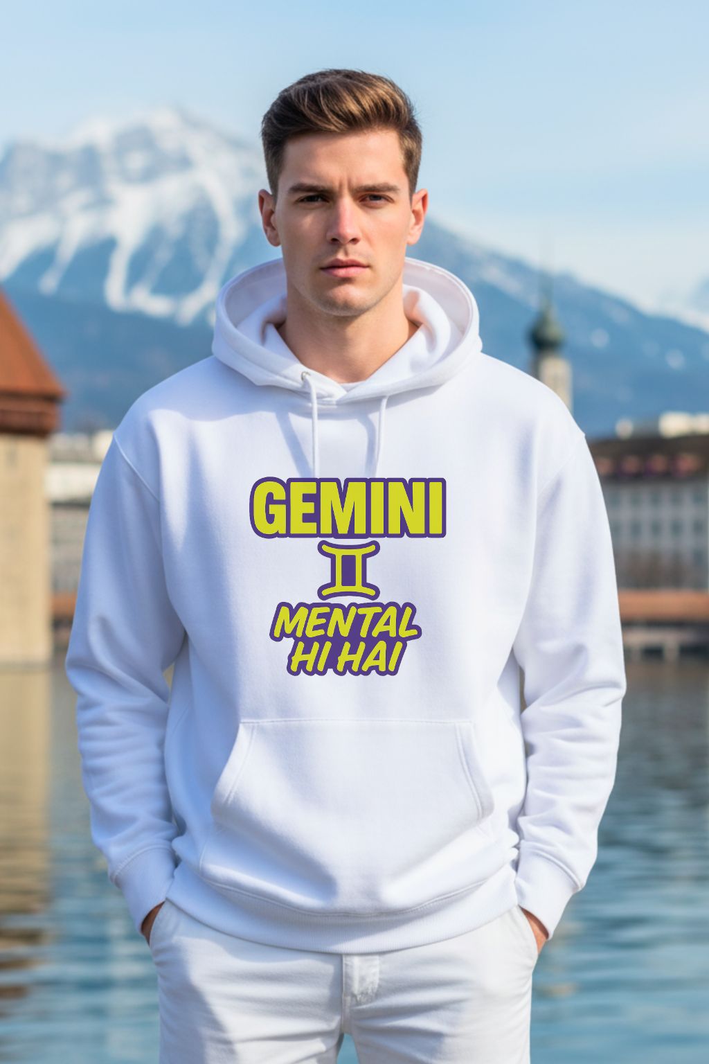 Man wearing a white hoodie with 'Gemini' text in front of a mountainous landscape