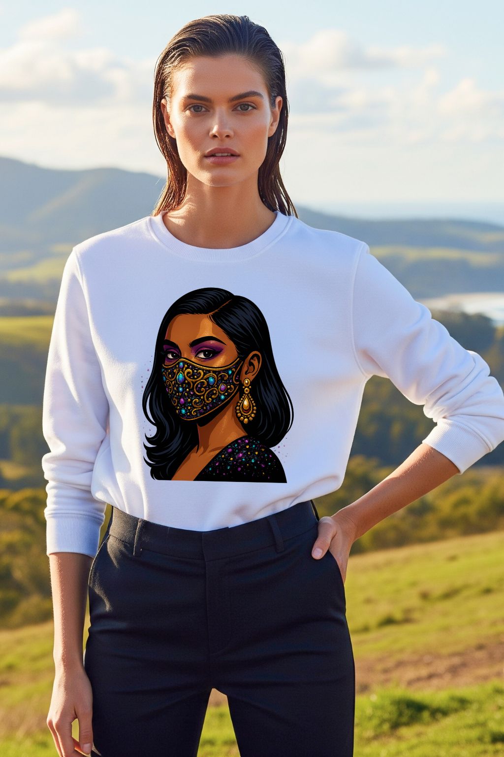 Woman wearing a white sweatshirt with a graphic design of a woman with a face mask in a scenic outdoor setting.