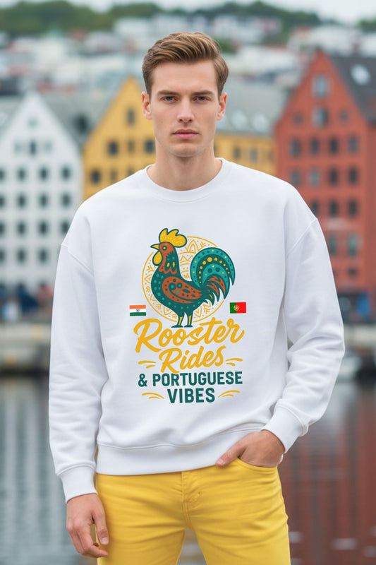 Man wearing a white sweatshirt with a rooster graphic and text in an urban setting