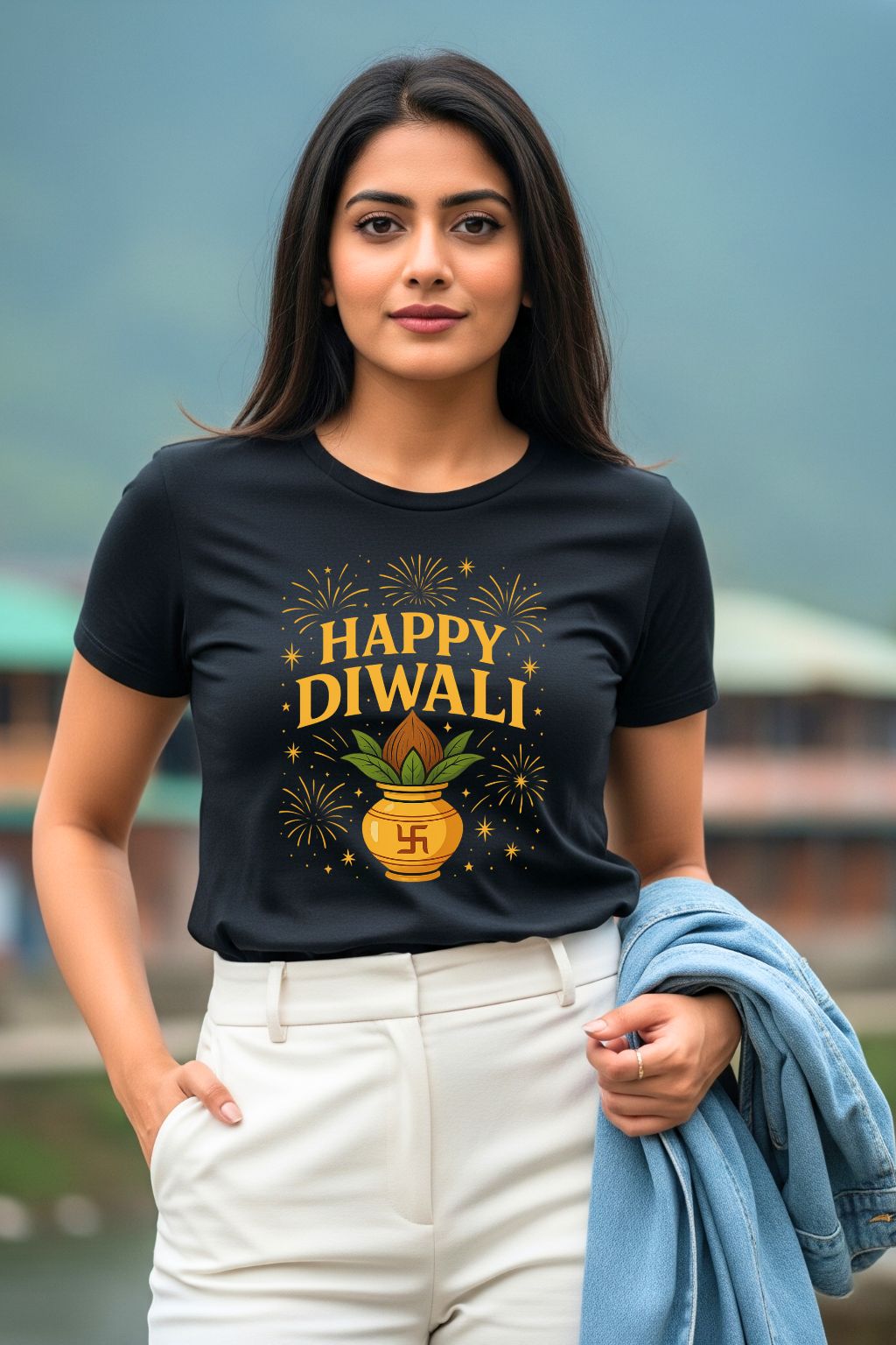 Black t-shirt for men, featuring a stunning golden Kalash and "Happy Diwali" text. Perfect festive apparel for the Indian Festival of Lights.