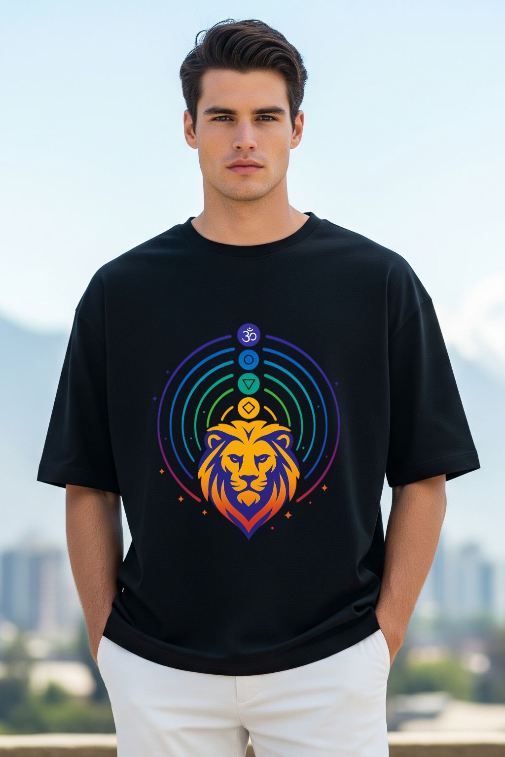 Man wearing a black t-shirt with a colorful lion design outdoors