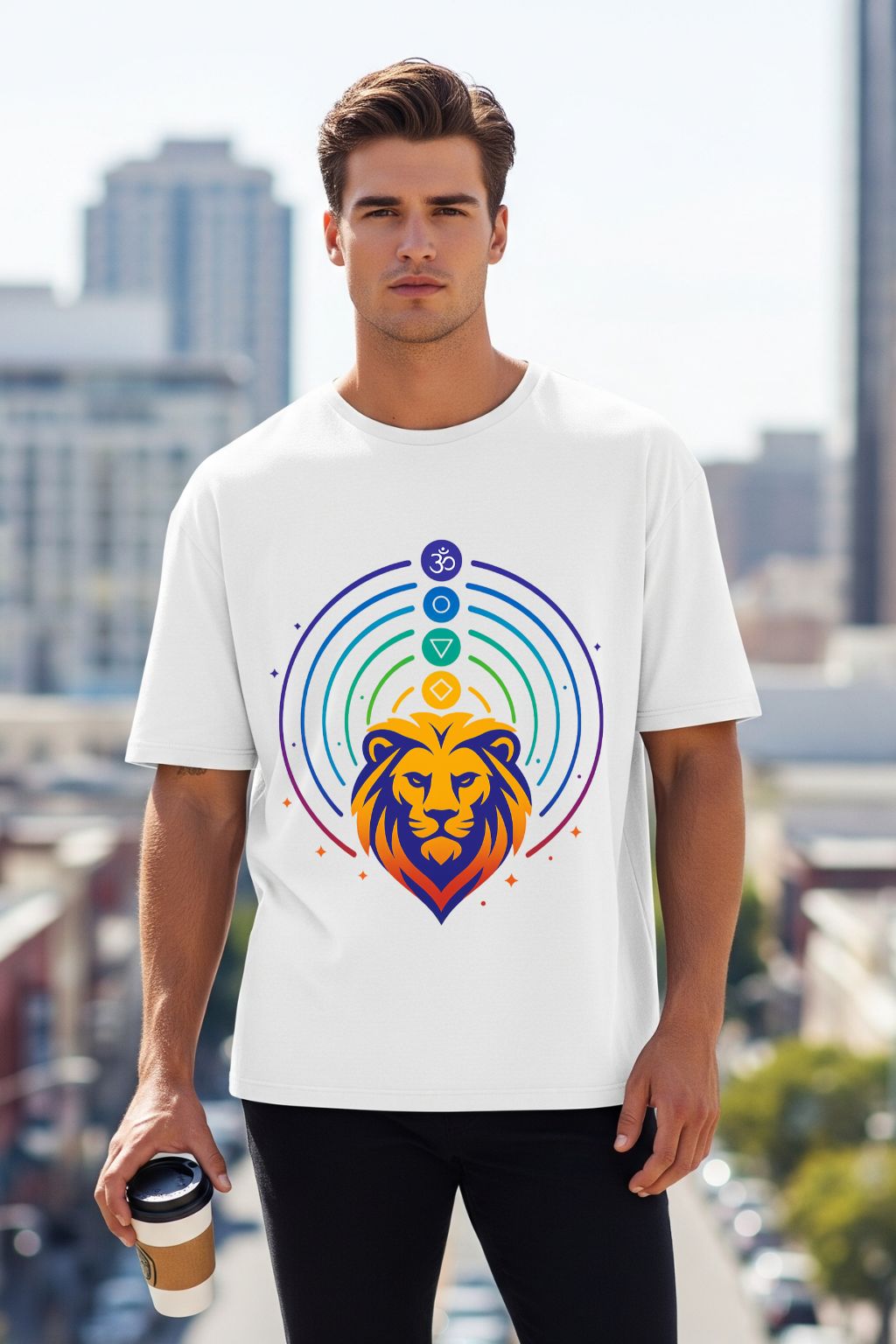 Man wearing a white t-shirt with a colorful lion graphic in an urban setting