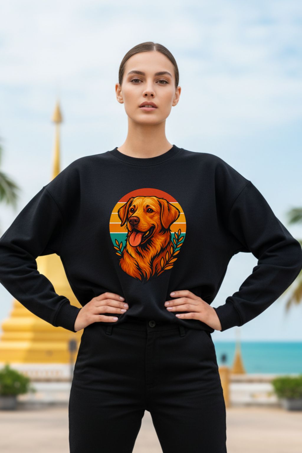 Woman wearing a black sweatshirt with a dog graphic in front of a blurred scenic background