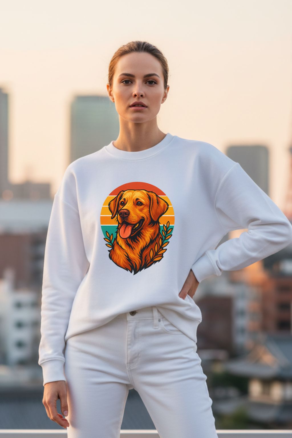 Woman wearing a white sweatshirt with a dog graphic in an urban setting