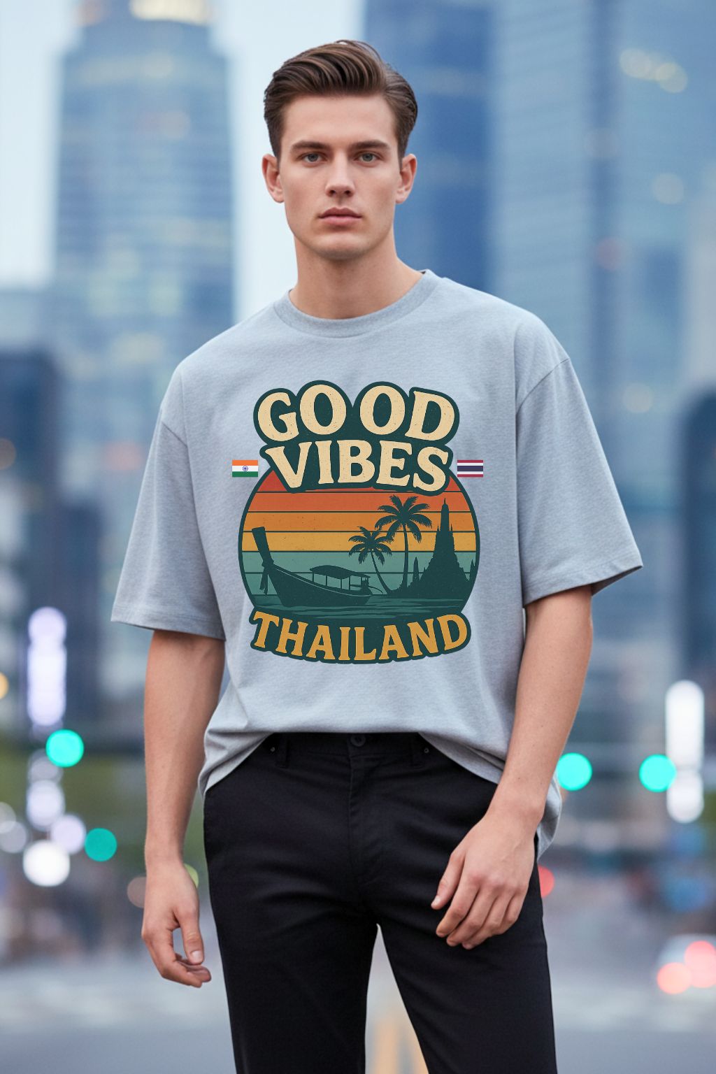 Man wearing a grey melange oversized t-shirt with 'Good Vibes Thailand' design against a cityscape background
