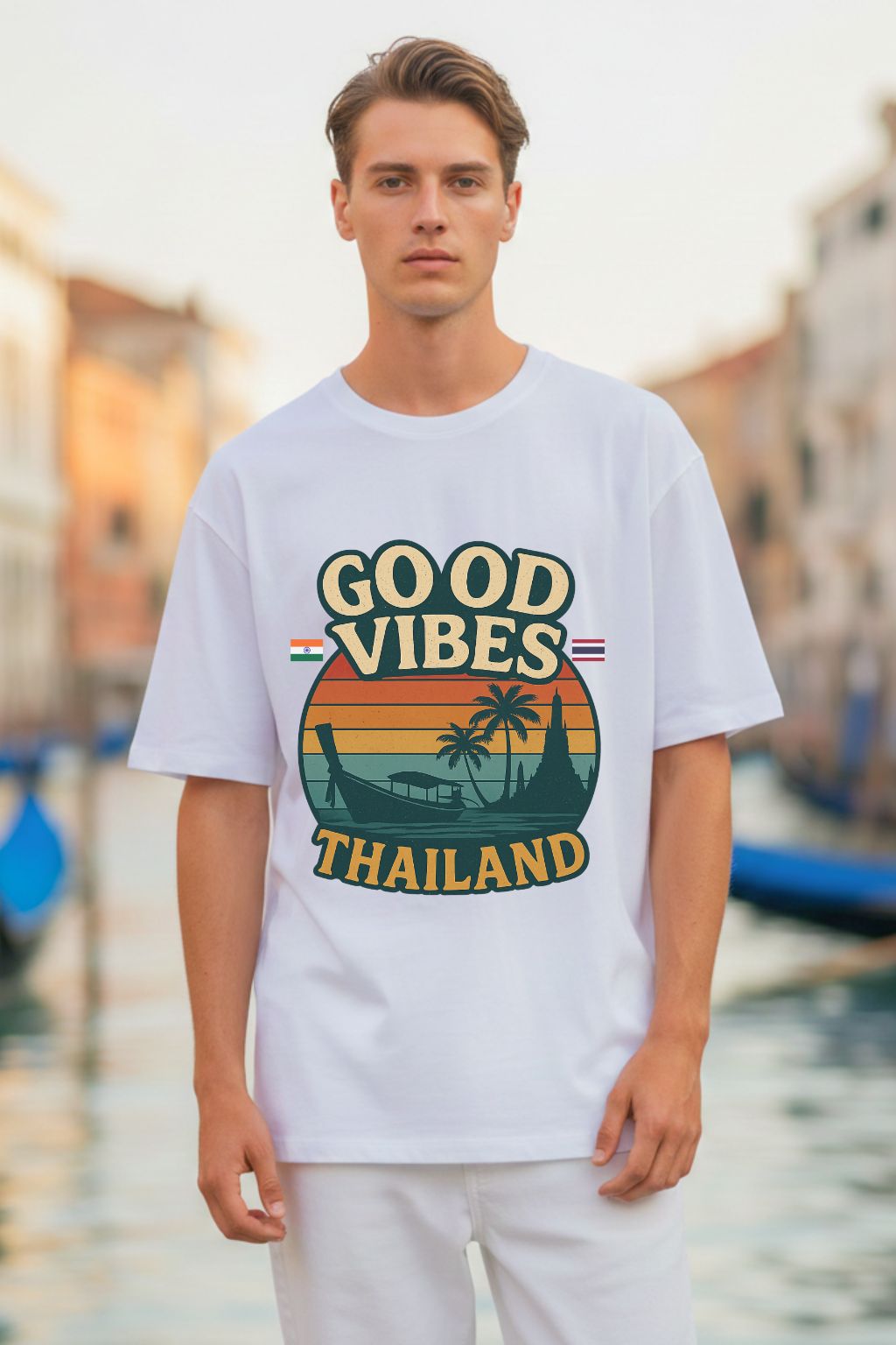 Man wearing a white oversized t-shirt with 'Good Vibes Thailand' design in an outdoor setting.