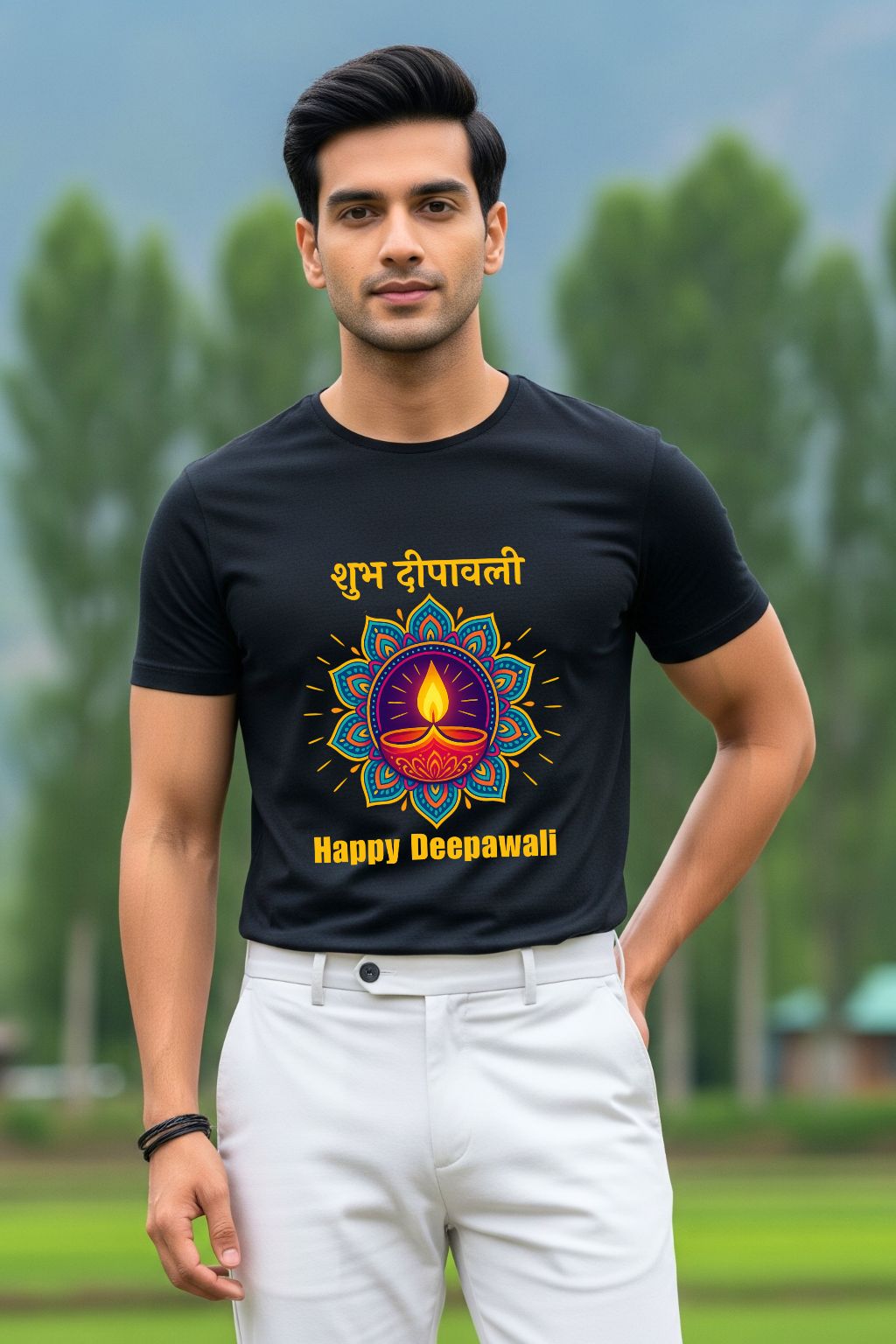 A black t-shirt from ZUPPI featuring a vibrant Diwali diya (oil lamp) graphic and "Happy Diwali" text, perfect for celebrating the festival.