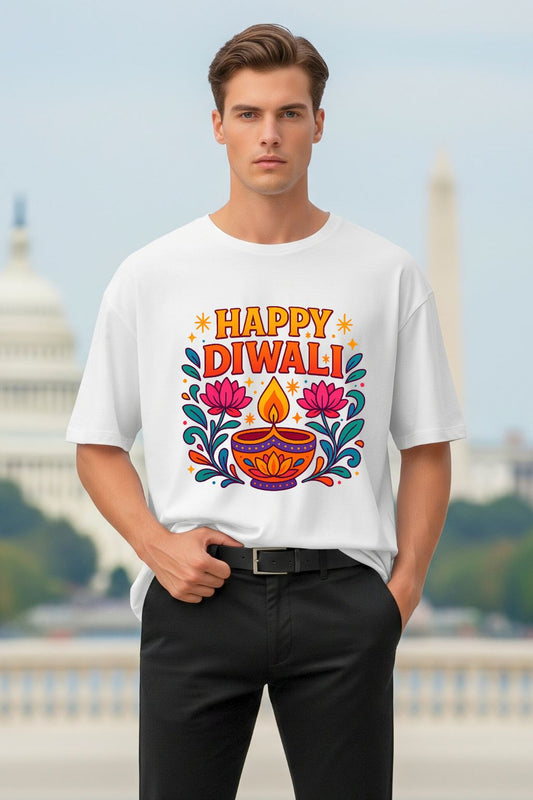 Man wearing a white t-shirt with 'Happy Diwali!' design in front of a blurred background