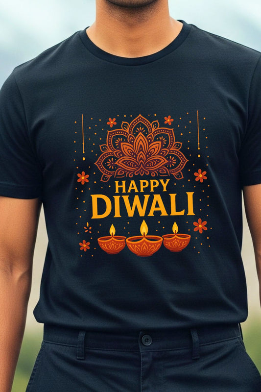 Close-up view of the 'Happy Diwali' graphic on a ZUPPI black T-shirt, highlighting the intricate lamps and mandala art.